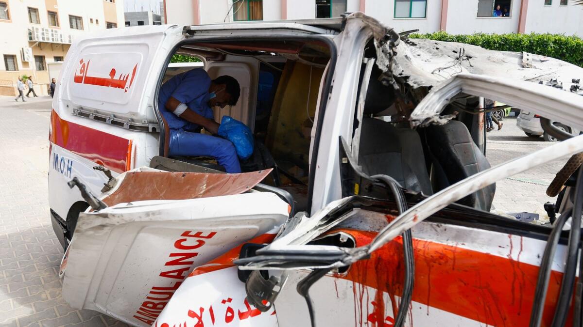 A view of an ambulance hit by an Israeli strike, after Hamas gunmen launched a surprise attack against Israel, in the southern Gaza Strip, October 7, 2023. Reuters