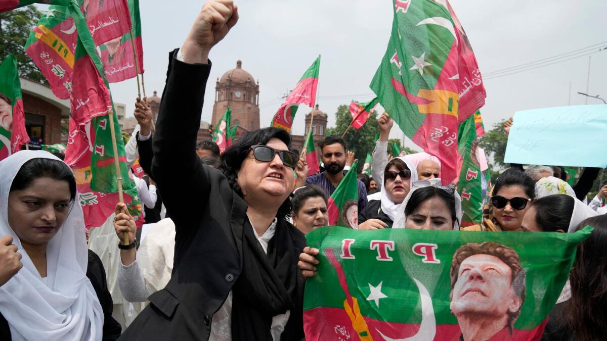 Lawyers protest against Imran Khan's imprisonment in Lahore, Pakistan, on Monday. — AP