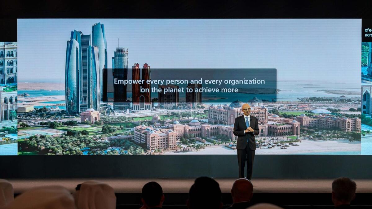 Satya Nadella, Microsoft chairman and CEO, speaks in Abu Dhabi on Thursday. — Supplied photo