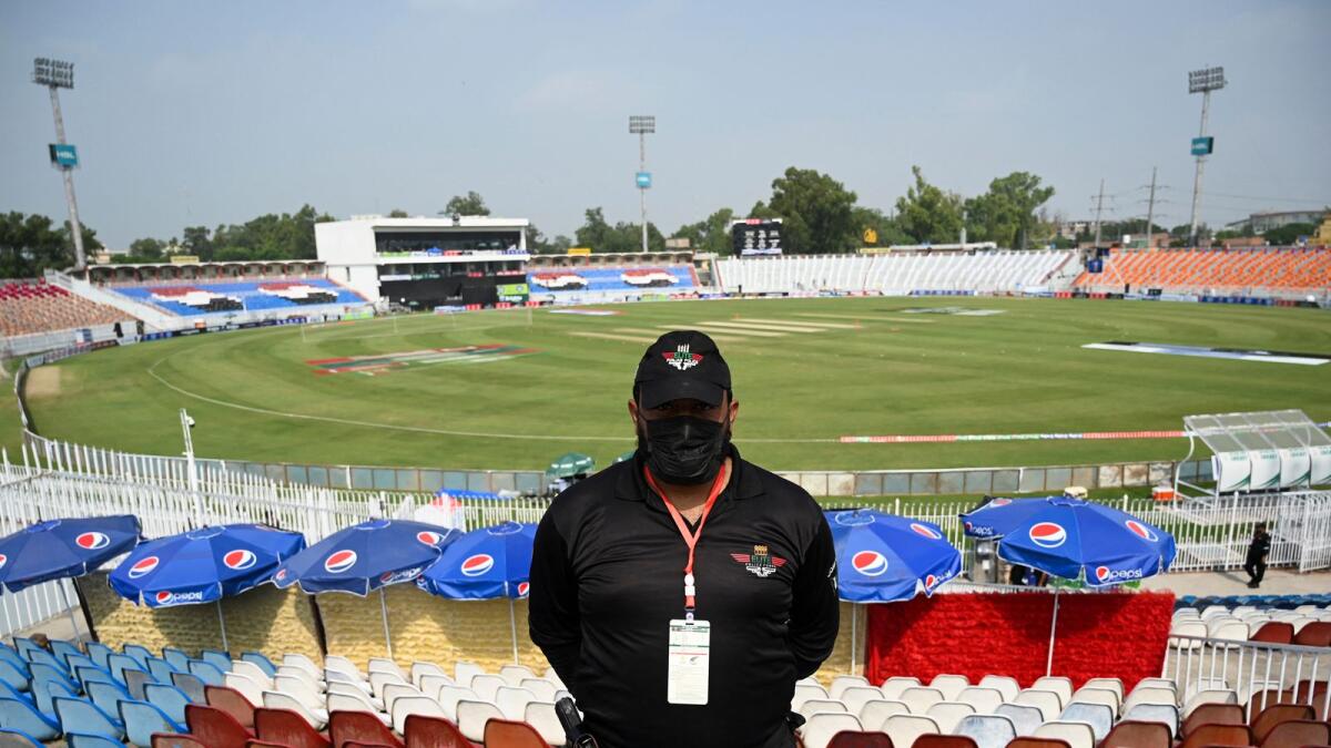 A policeman seen at an empty Rawalpindi Cricket Stadium on Friday. (AFP)