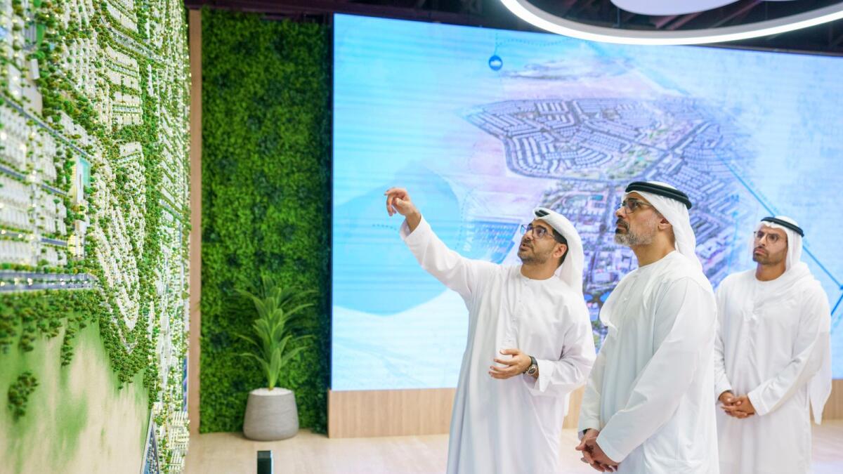 Sheikh Khaled reviews the design features of Balghaiylam project in Abu Dhabi on Monday. - Wam