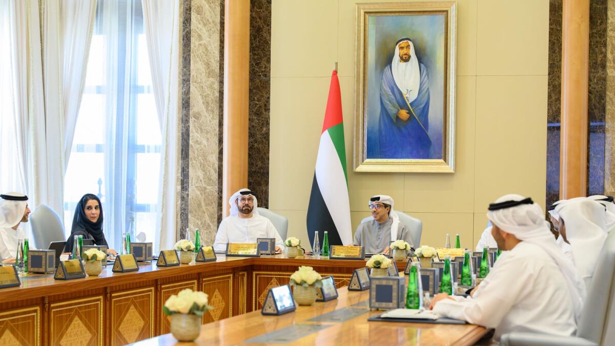 Photo: Sheikh Mansour bin Zayed Al Nahyan, UAE Vice President (4th L), chairs a Ministerial Development Council meeting, at Qasr Al Watan. Seen with Mohamed bin Abdulla Al Gergawi, UAE Minister of Cabinet Affairs (3rd L), Maryam Bint Ahmed Al Hammadi, UAE Minister of State and Secretary General of the UAE Cabinet (2nd L) and other dignitaries.