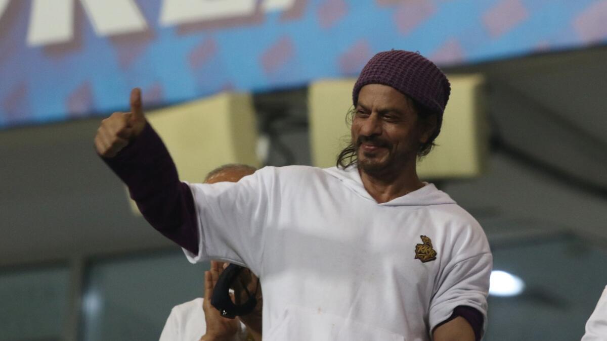Shah Rukh Khan, co-owner of the Kolkata Knight Riders, during an IPL match in Abu Dhabi on October 7. (BCCI/IPL)