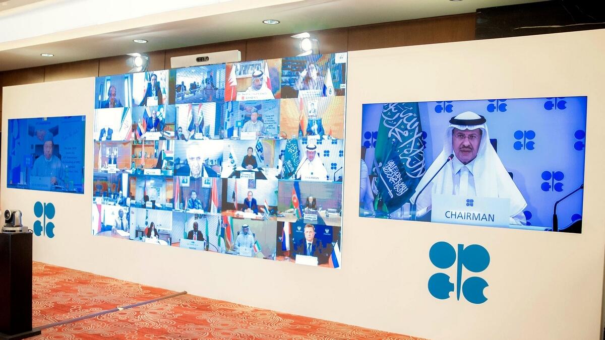 Saudi Energy Minister Prince Abdulaziz bin Salman, chairing the virtual extraordinary meeting of the virtual extraordinary meeting of Opec and its allies.