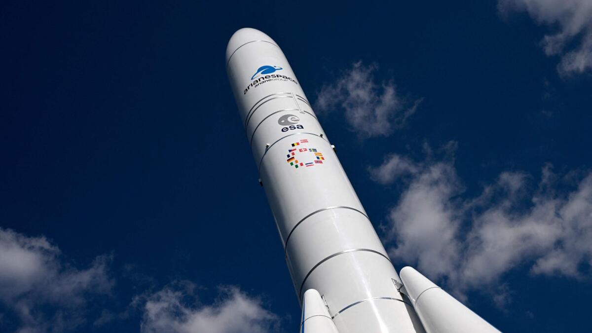An Ariane 6 launcher is on display at the entrance of the 73rd International Astronautical Congress at the Paris Convention Centre on September 18, 2022. — AFP