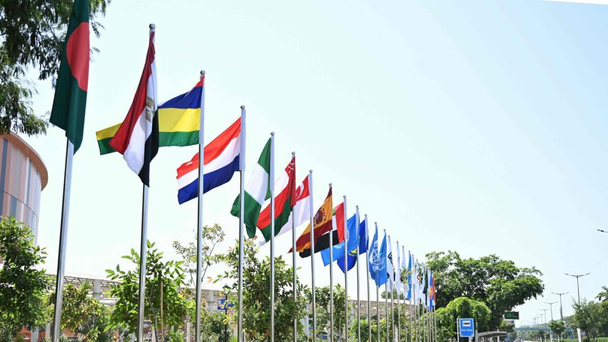 Flags of participating countries are pictured near the G20 venue ahead of its commencement in New Delhi on Monday. — AFP