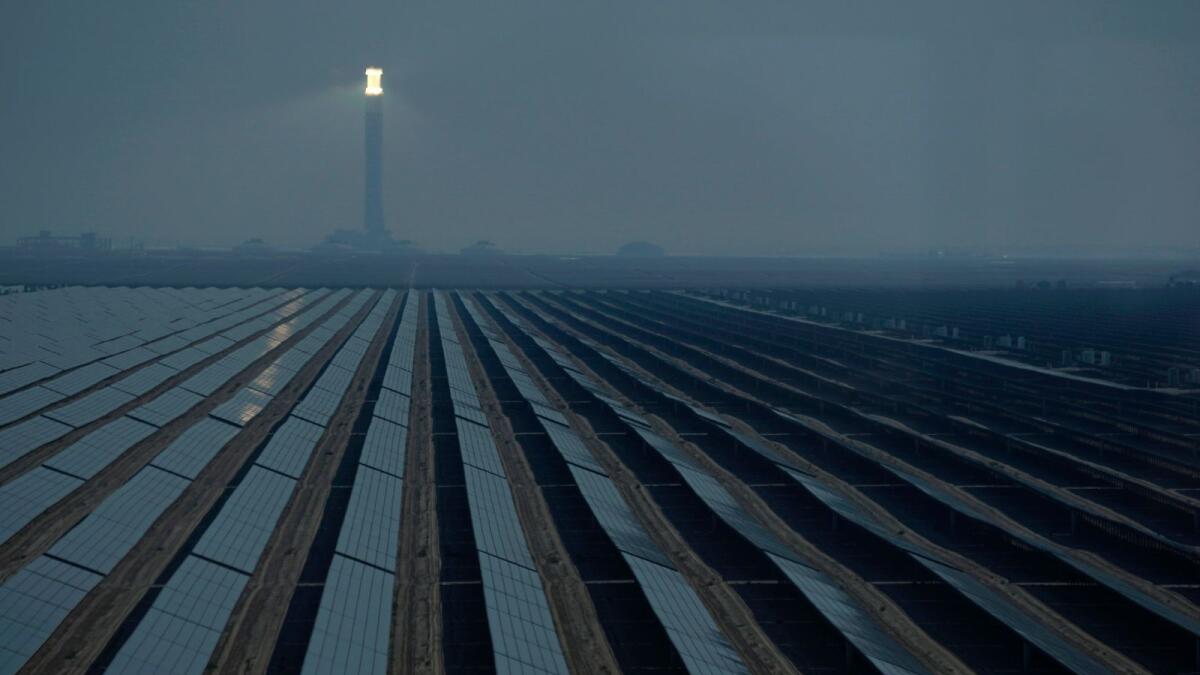A solar tower and panels operate at Mohammed bin Rashid Al Maktoum Solar Park,  Dubai. Photo: AP file