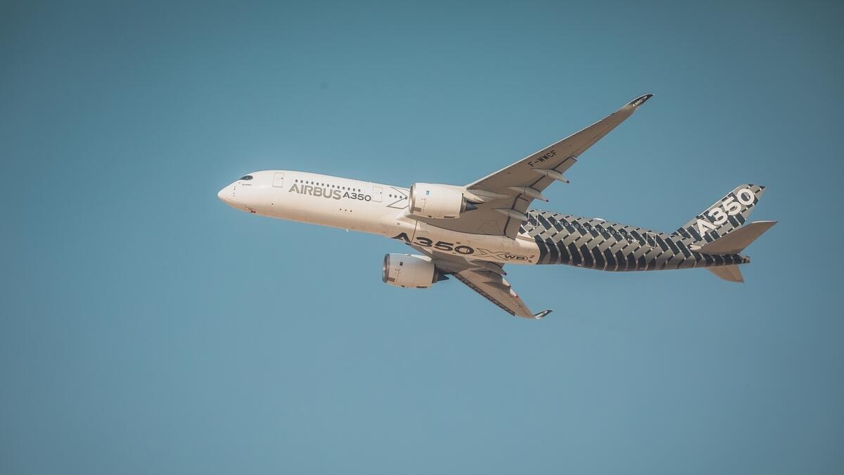An Airbus A350X wide-body airliner performs a flying display.