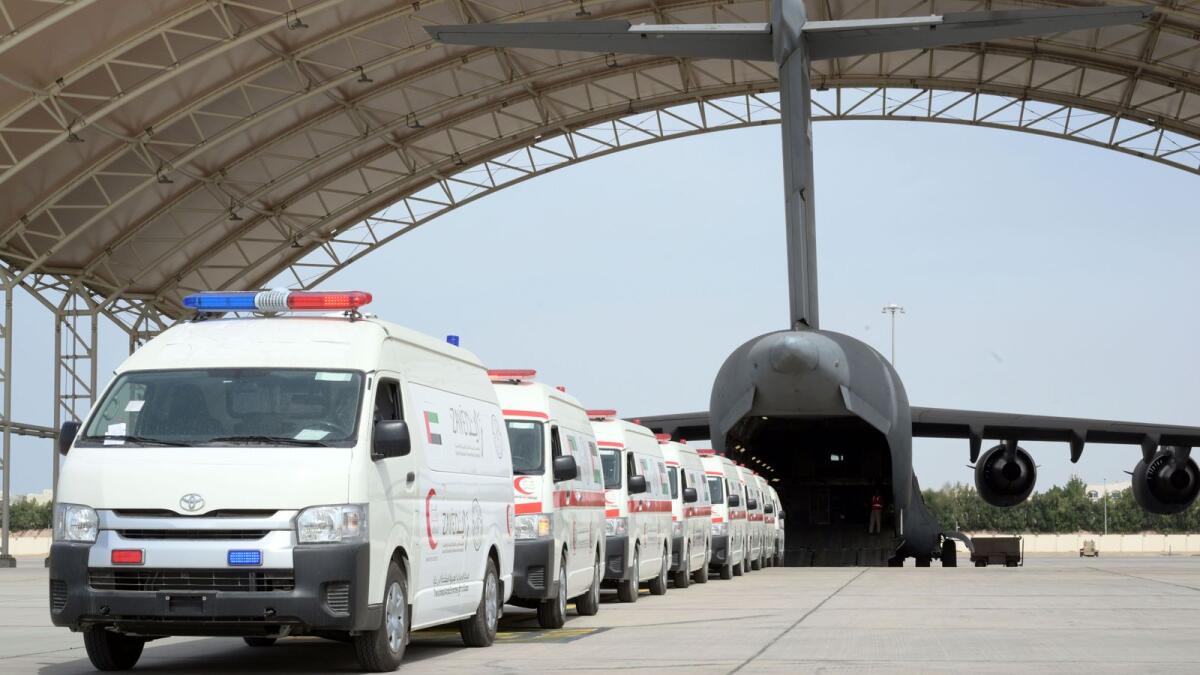 The ambulances sent by the UAE to help Palestinian people are being delivered to the Egyptian city of Al Arish. — Wam