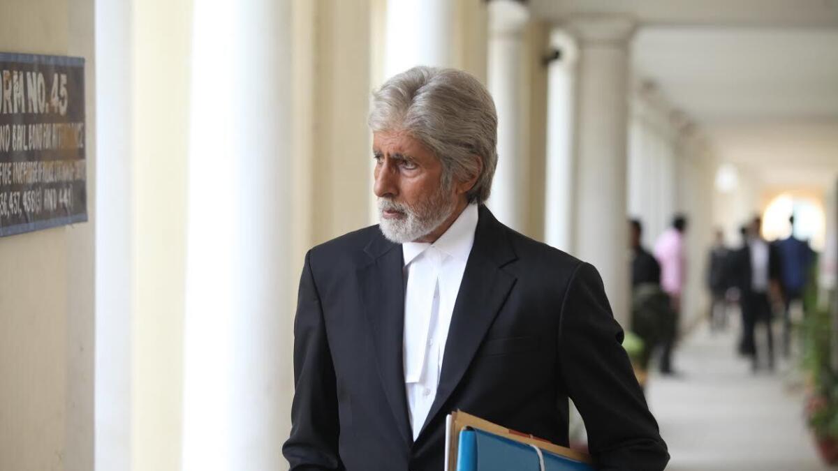 Amitabh Bachchan as Deepak Sehgall, the aged defence lawyer, shines as always, in a restrained, but powerful performance. Image via Twitter