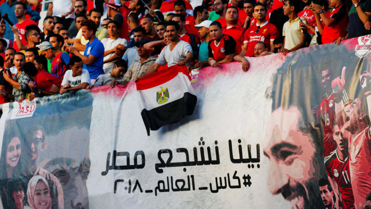 Egypt fans display a banner in reference to Mohamed Salah.