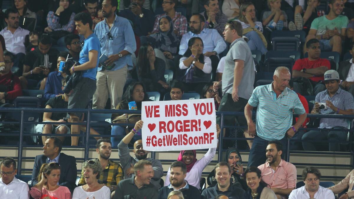 MISS YOU! The banner says it all during the Novak Djokovic and Tommy Robredo match in the Dubai Duty Free Tennis Championships at Dubai Tennis Stadium on Monday, 22 February 2016. Photo by Kiran Prasad