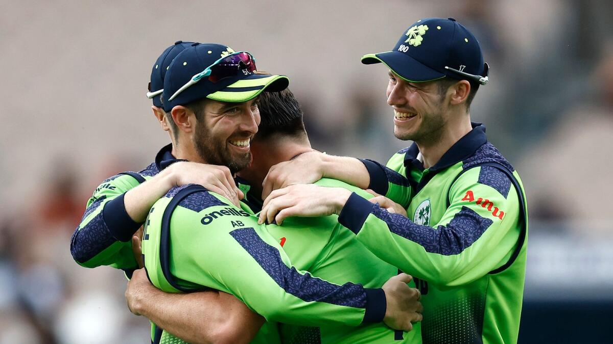 Ireland players celebrate the win against England. — ICC Twitter