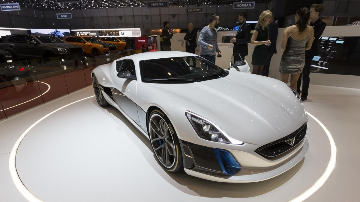 The New Rimac concept one is presented during the press day at the 87th Geneva International Motor Show in Geneva, Switzerland, Wednesday, March 8, 2017. AP