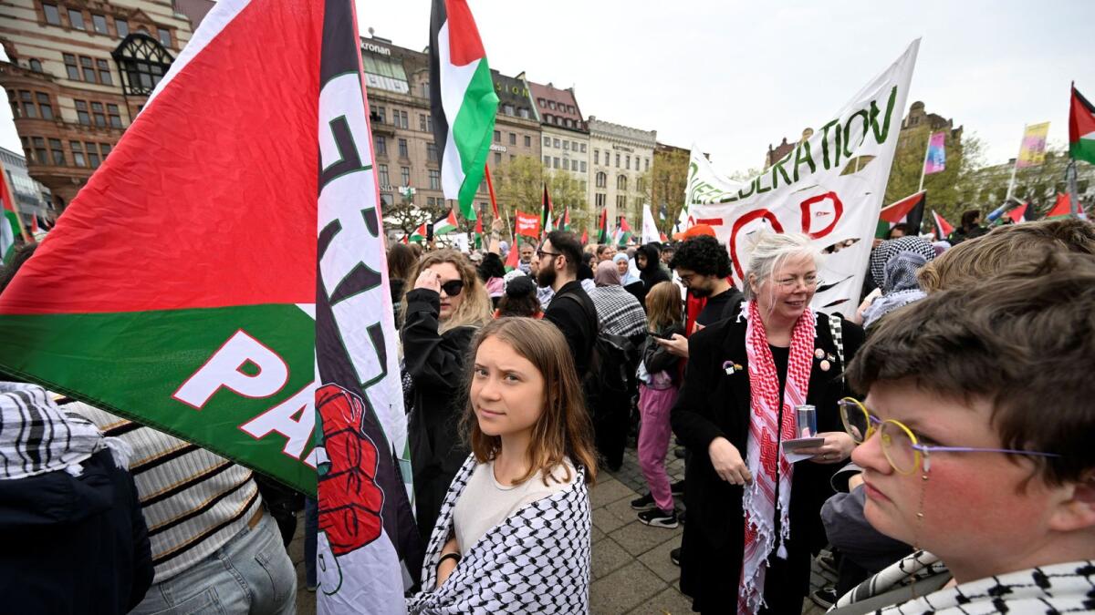 Climate activist Greta Thunberg takes part in the Stop Israel demonstration against Israel's participation in the 68th edition of the Eurovision Song Contest (ESC) in Malmo, Sweden. — Photo: Reuters