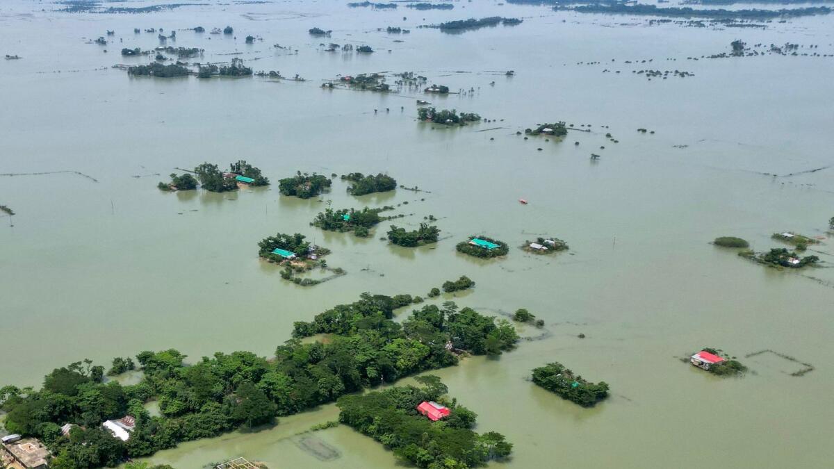 An aerial view shows deluged land after flood in Sylhet in June. AFP