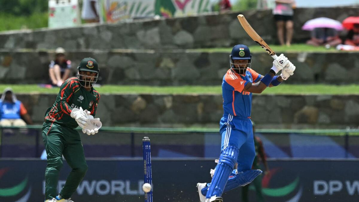 India's Hardik Pandya plays a shot during the match against Bangladesh at Sir Vivian Richards Stadium in North Sound, Antigua and Barbuda, on Saturday. Photo: AFP