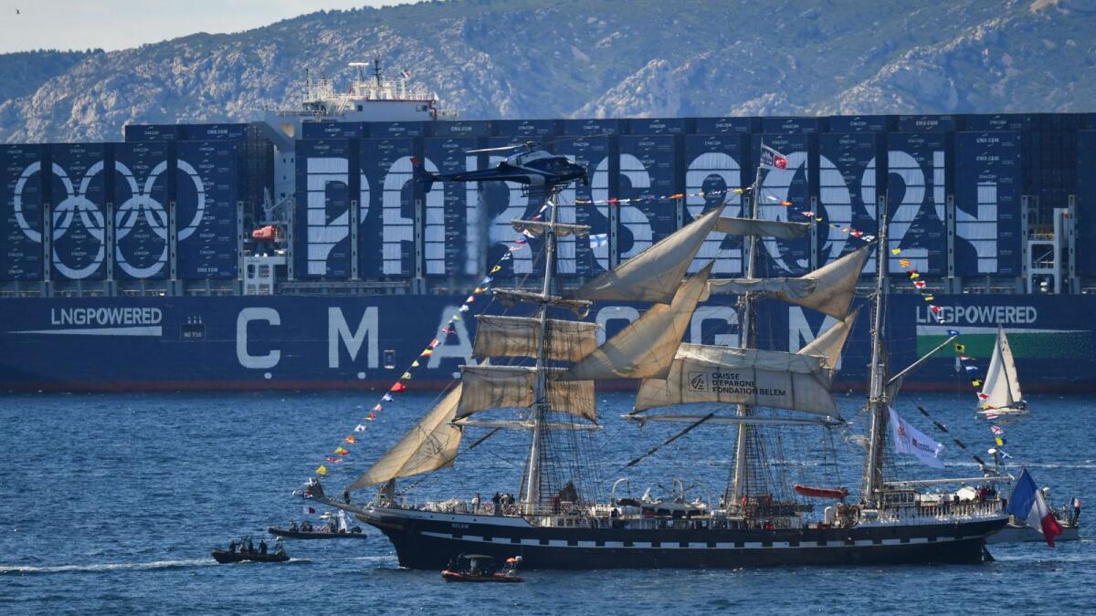 The French 19th-century three-masted barque Belem is seen from the Palais du Pharo in the southern port city of Marseille before the Olympic Flame arrival ceremony. - AFP