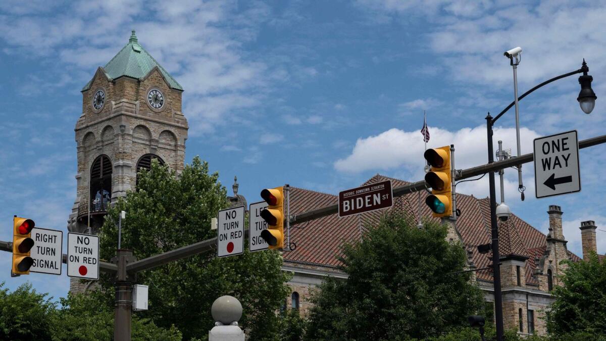 A street sign reading 'Biden St' is pictured in downtown Scranton on Wednesday. — AFP