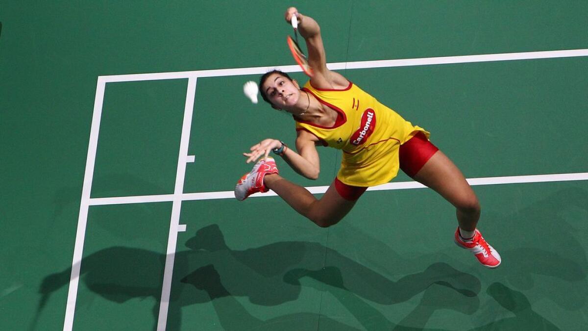 Carolina Marin (ESP) in action against Tai Tzu Ying (TPE) during the Dubai World Superseries Finals at the Hamdan Sports Complex in Dubai.- Photo by Shihab/Khaleej Times