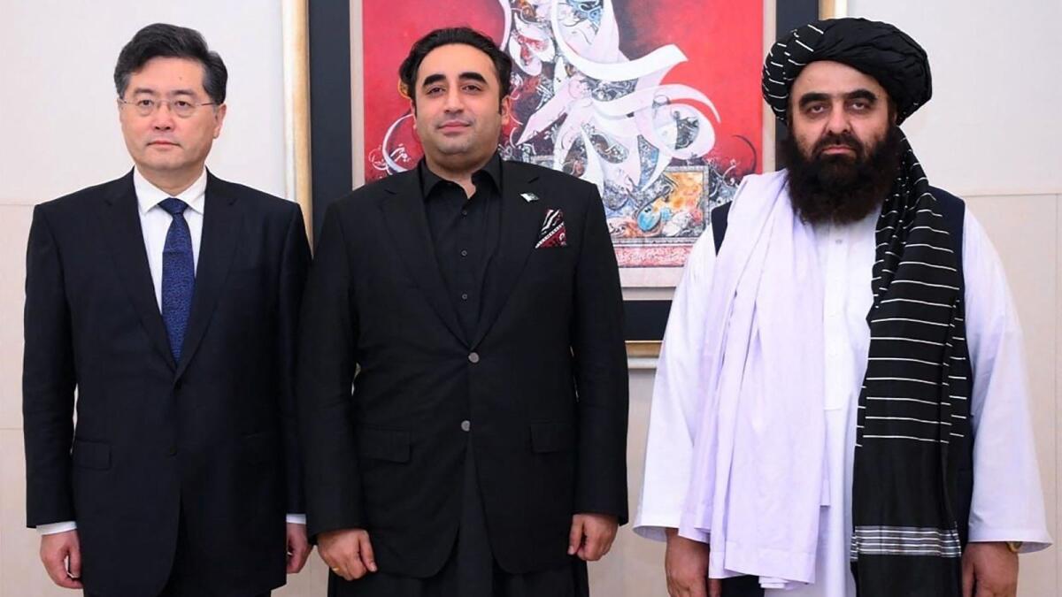Chinese Foreign Minister Qin Gang, Pakistan's Foreign Minister Bilawal Bhutto Zardari and Afghanistan’s foreign minister Amir Khan Muttaqi in Islamabad. — AFP