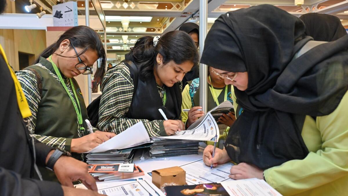 Students at an education booth on Thursday, the concluding day of the sixth edition of KT UniExpo in Dubai . The expo provided young adults the chance to get their game-changing questions answered by the right educators.