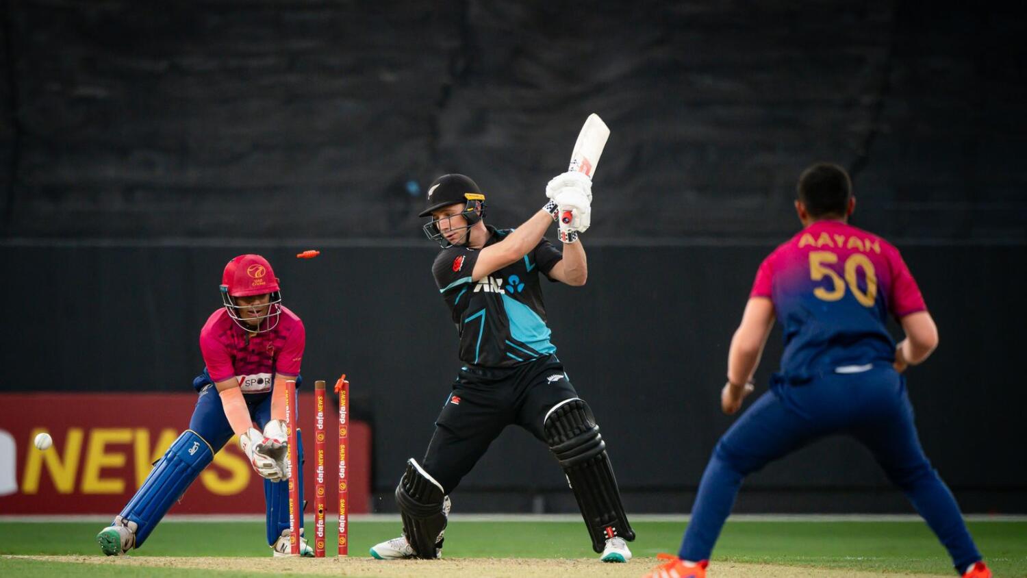 New Zealand's Dane Cleaver dismissed by UAE's Ayan Afzal Khan during the secon T20I match at Dubai International Stadium on Saturday.