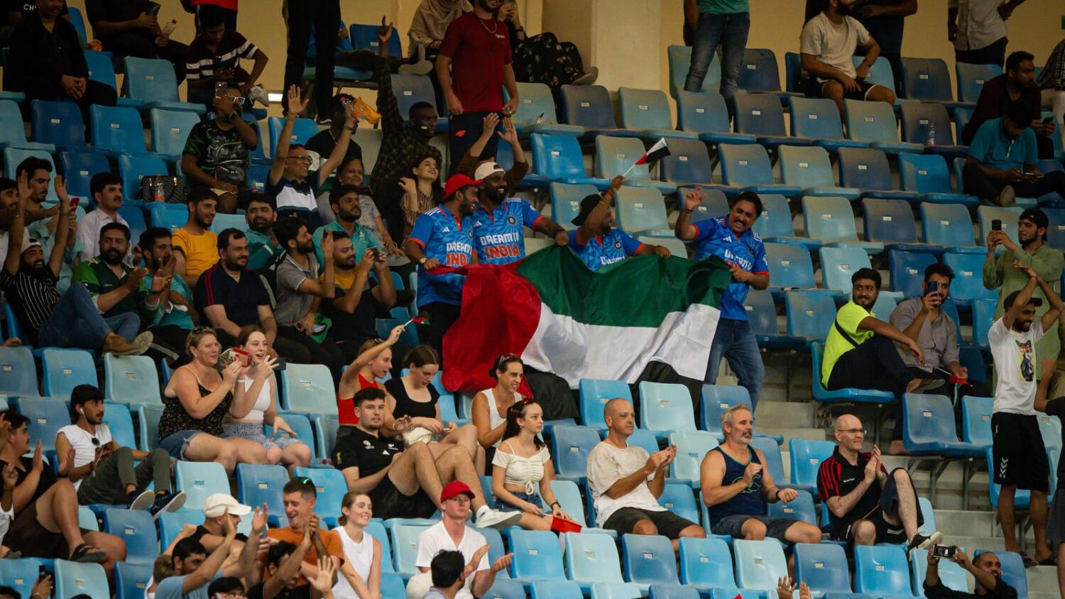 UAE fans erupt in joy after it beat New Zealand during the second T20I match at Dubai International Stadium on Saturday
