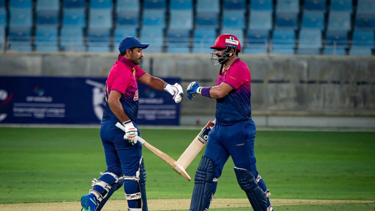 UAE's Muhammad Waseem and Asif Khan in action against New Zealand during the second T20I match at Dubai International Stadium on Saturday