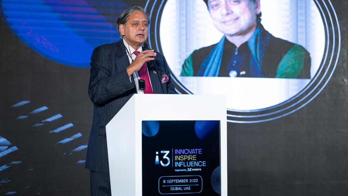 Dr Shashi Tharoor, Diplomat, Bureaucrat and Politician, presenting the keynote speech during the i3 Innovate, Inspire, Influence event organised by KT Events in Dubai on Wednesday. — Photos by Neeraj Murali