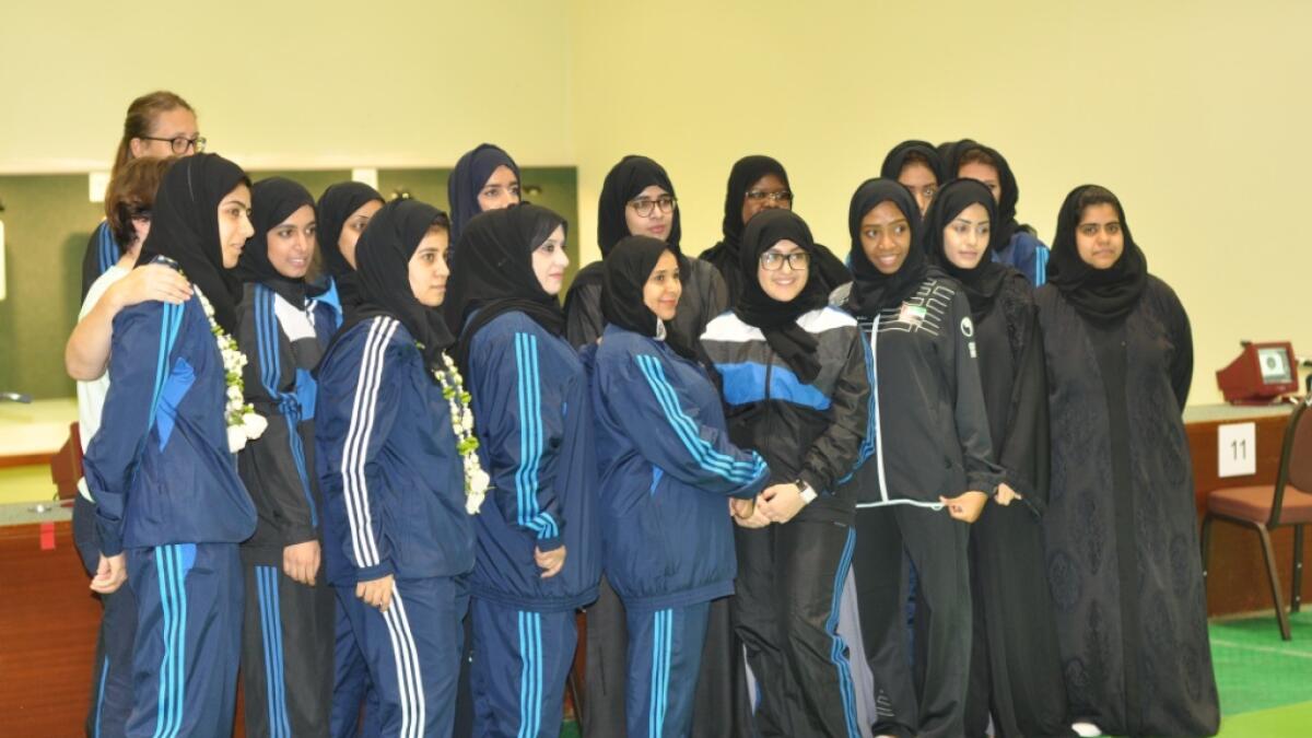Participants and officials of the women’s shooting event held to honour top UAE sportswomen Sarah Issa and Rouqaya Ali. 