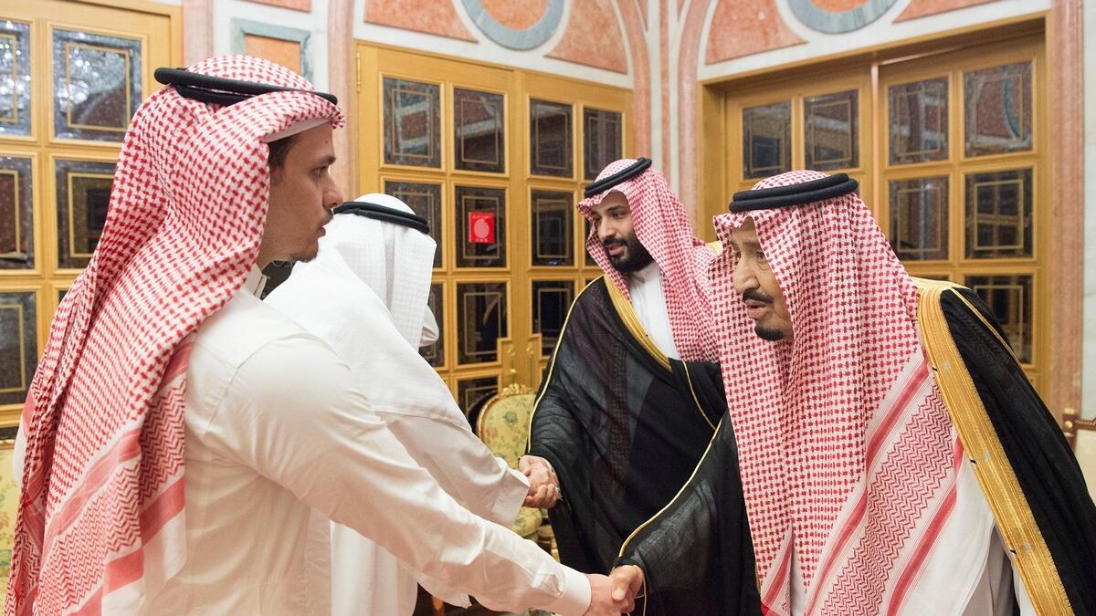 King Salman and crown Prince Mohammed bin Salman meeting family members of Jamal Khashoggi in Riyadh. — Reuters