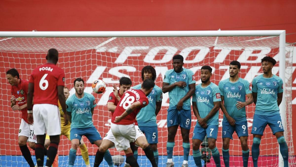 Manchester United's Bruno Fernandes scores their fifth goal from a free kick. - Reuters