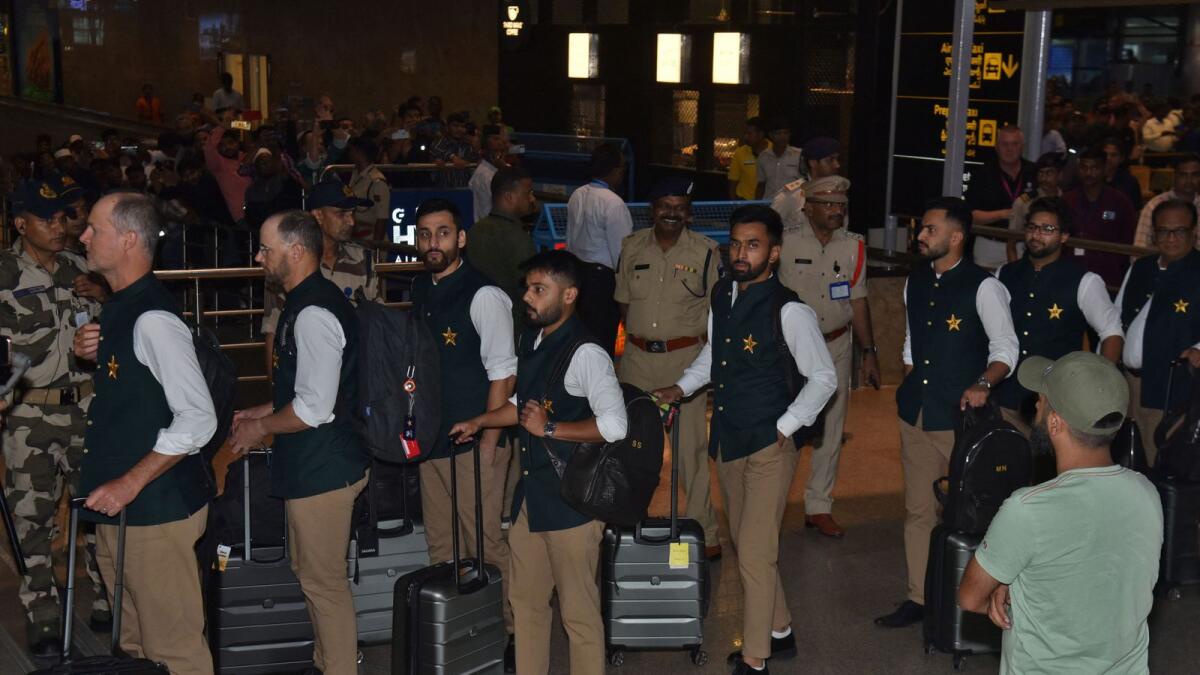 Members of the Pakistan cricket team at the Rajiv Gandhi International Airport. — Reuters