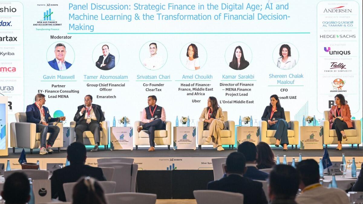 From left: Moderator Gavin Maxwell, Partner at EY-MENA; Panelists Tamer Abomosalam, Group Chief Financial Officer at Emaratech; Srivatsan Chari, Co-Founder of ClearTax; Amel Chouikh, Head of Finance for France, Middle East, and Africa at Uber; Kamar Sarakbi, Director of Finance and MENA Finance Project Lead at L'Oréal Middle East; and Shereen Chalak Maalouf, CFO of Microsoft UAE, during the panel discussion 'Strategic Finance in the Digital Age: AI and Machine Learning and the Transformation of Financial Decision-Making' at the New Age Finance and Accounting Summit 2024 organized by Khaleej Times, held at Kempinski Central Avenue, Dubai. Photo by Muhammad Sajjad