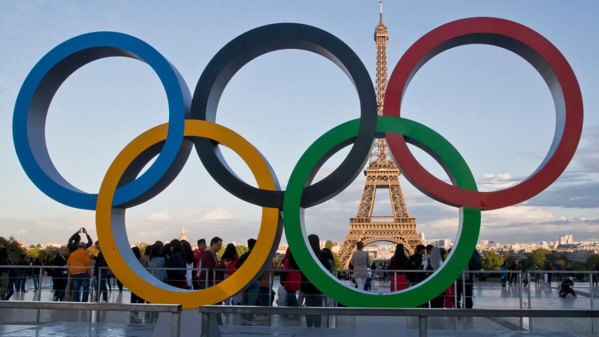 The Olympic rings are set up at Trocadero plaza that overlooks the Eiffel Tower,ahead of the 2024 Summer Olympic Games will be in the French capital, in Paris. - AFP