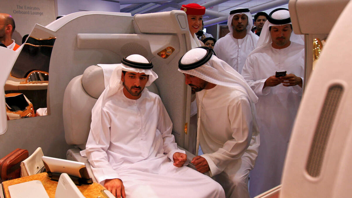 Shaikh Hamdan Bin Mohammad Bin Rashid Al Maktoum, Crown Prince of Dubai, with Shaikh Ahmad Bin Saeed Al Maktoum, President of Dubai Civil Aviation and Chairman and CEO of Emirates airlines, at the opening of Arabian Travel Market 2016.