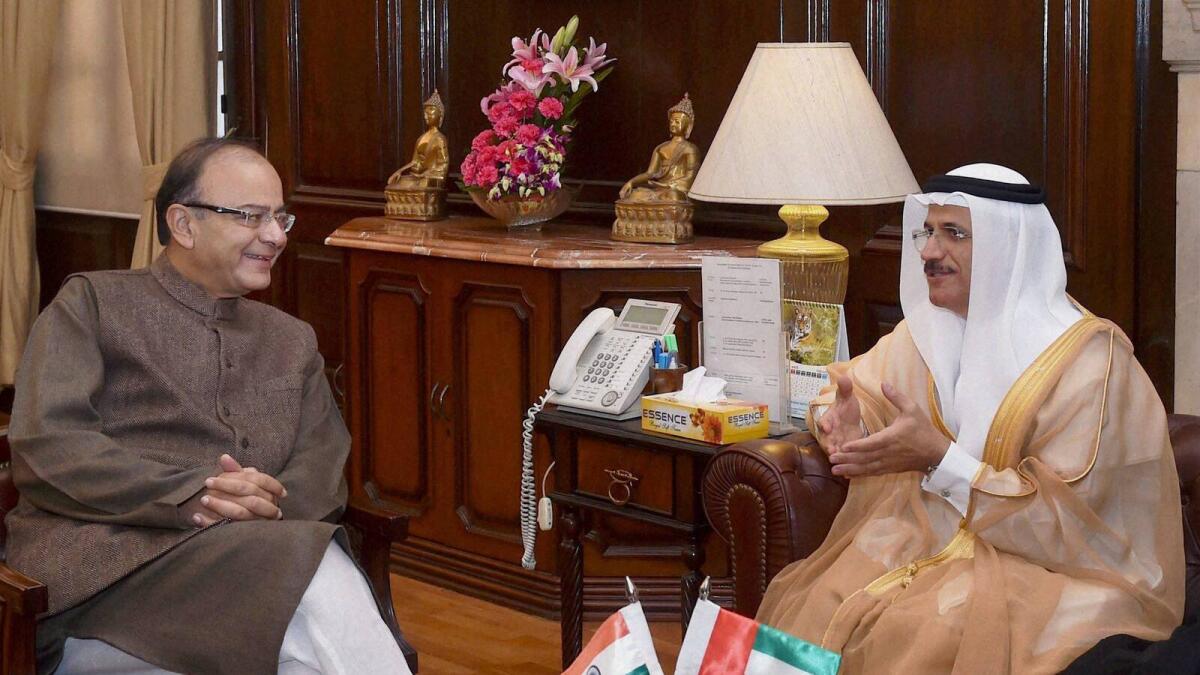 UAE’s Minister of Economy Sultan bin Saeed Al Mansouri and India’s Union Minister for Finance Arun Jaitley during a meeting in New Delhi on Wednesday. 