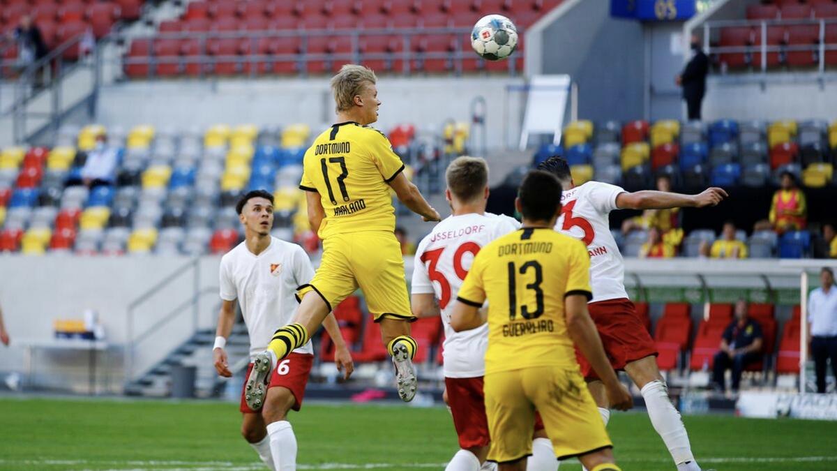Borussia Dortmund's Erling Braut Haaland scores the winner against Fortuna Duesseldorf on Saturday. - Reuters