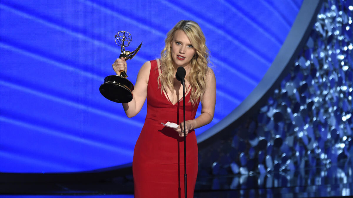Kate McKinnon accepts the award for outstanding supporting actress in a comedy series for 'Saturday Night Live' at the 68th Primetime Emmy Awards on Sunday, Sept. 18, 2016, at the Microsoft Theater in Los Angeles. AP