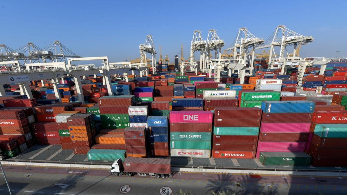 Containers are stacked at the port of Jebel Ali in Dubai. The UAE’s logistics market is predicted to grow at a compound annual growth rate (CAGR) of more than 8.4 per cent to reach $31.4 billion by 2026.— AFP