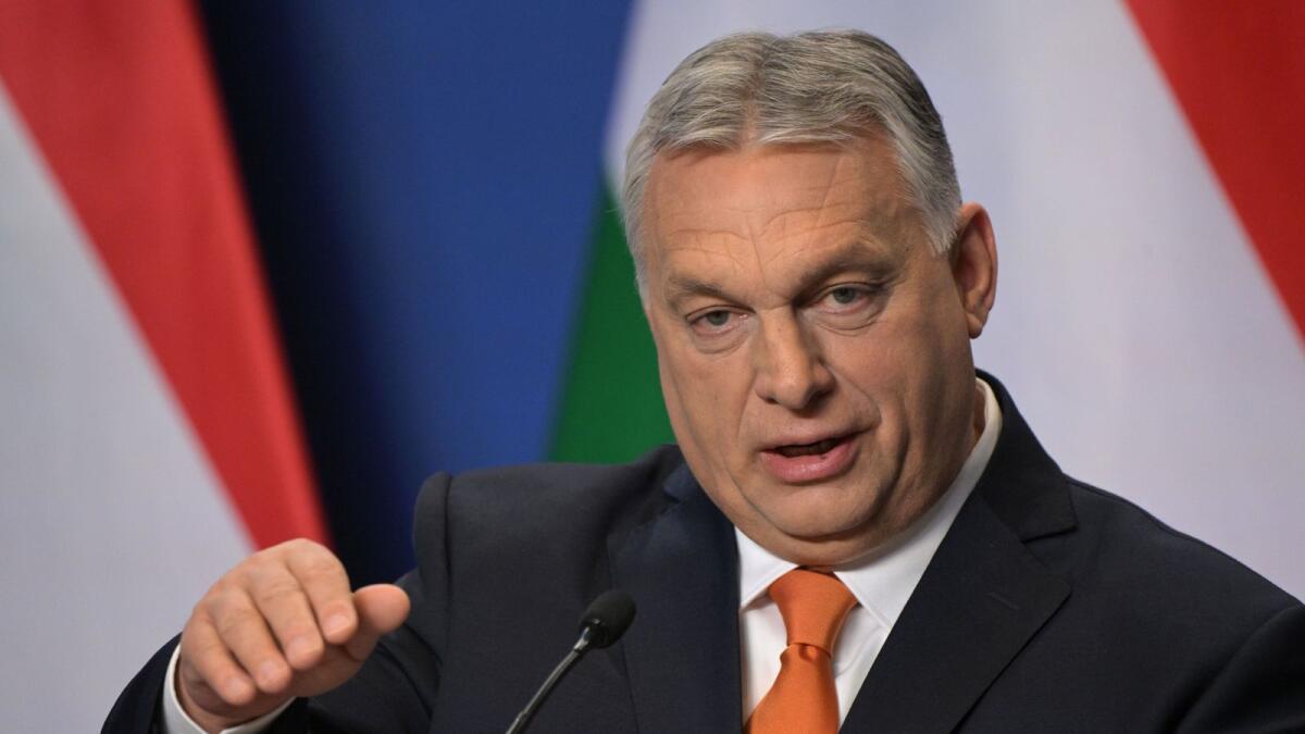 Hungarian Prime Minister Viktor Orban gives his first international press conference after his FIDESZ party won the parliamentary election, in the Karmelita monastery housing the prime minister's office in Budapest on April 6, 2022. Photo: AFP