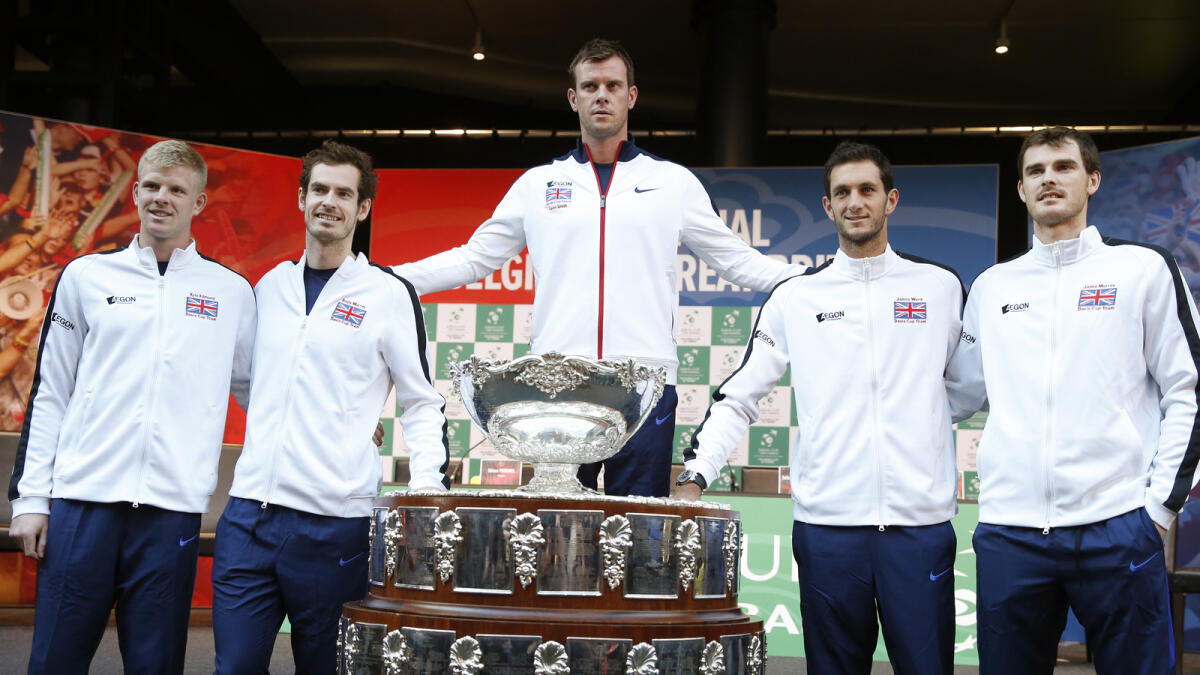 Members of the British Davis Cup team pose for the media following the draw on Thursday. 