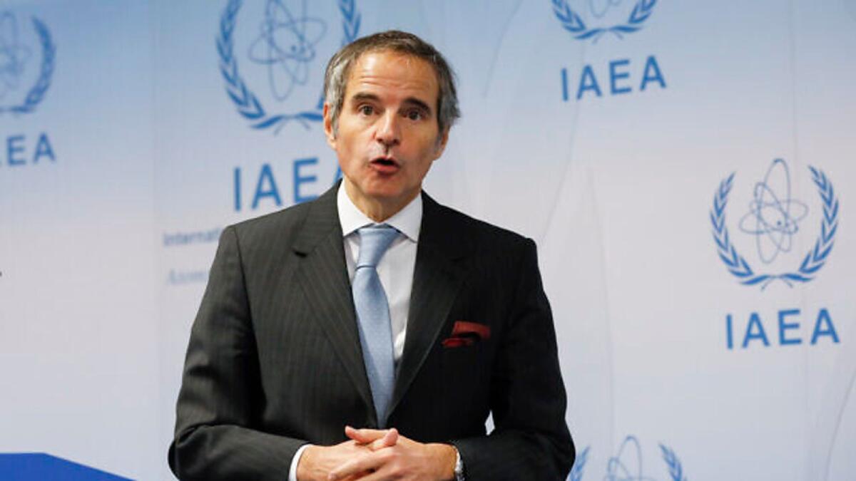 IAEA Director General Rafael Mariano Grossi speaks at a press conference after the IAEA Board of Governors meeting on the Situation in Ukraine at the Agency's headquarters in the Vienna International Centre in Vienna, Austria, Wednesday, March 2, 2022. (AP Photo/Lisa Leutner)