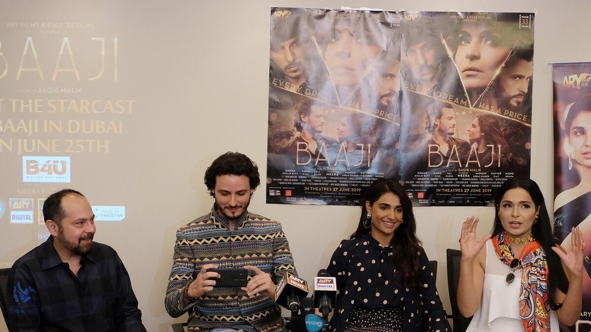 Director Saqib Malik with actors Osman Khalid Butt, Amna Illyas and Meera