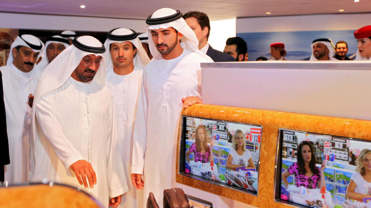 Shaikh Hamdan Bin Mohammad Bin Rashid Al Maktoum, Crown Prince of Dubai, with Shaikh Ahmad Bin Saeed Al Maktoum, President of Dubai Civil Aviation and Chairman and CEO of Emirates airlines, at the opening of Arabian Travel Market 2016.
