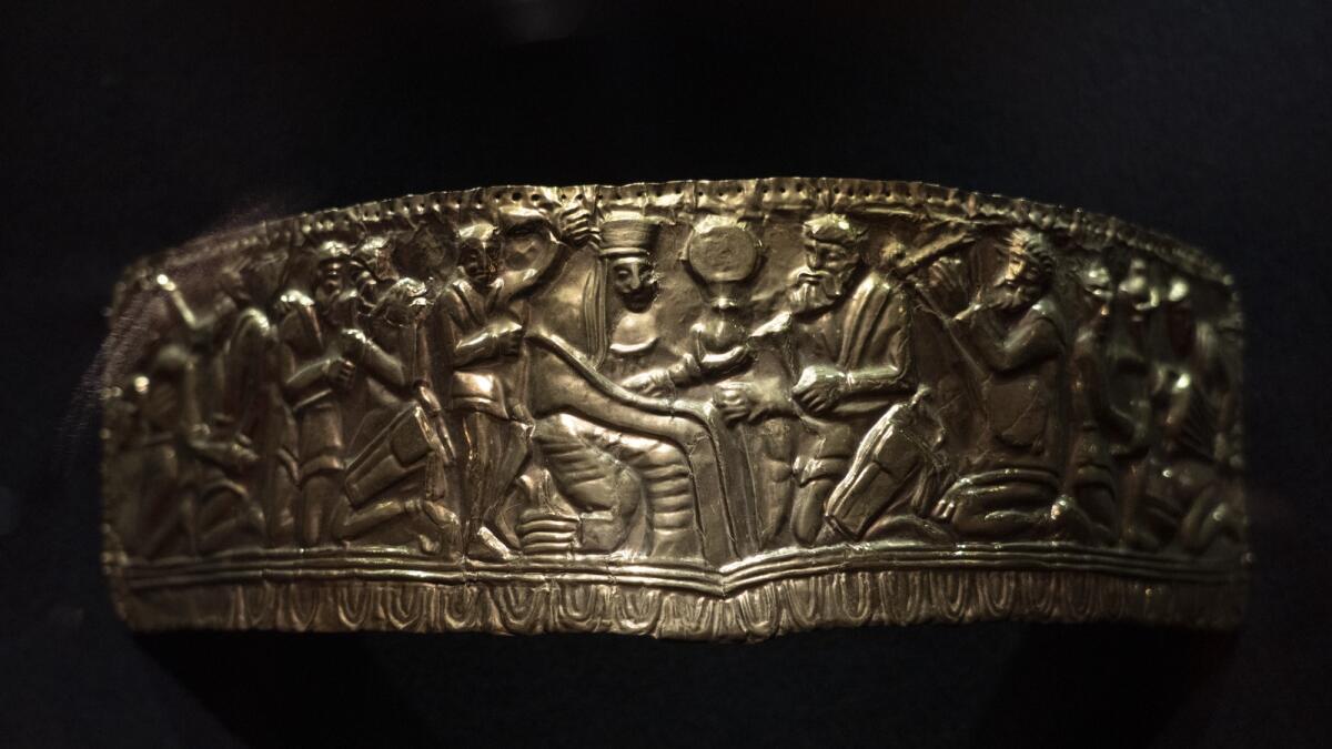 A copy of the fourth century B.C. golden diadem, an ancient treasure from a Scythian burial mound, is exhibited in the Museum of Historical Treasures in Kyiv, Ukraine.