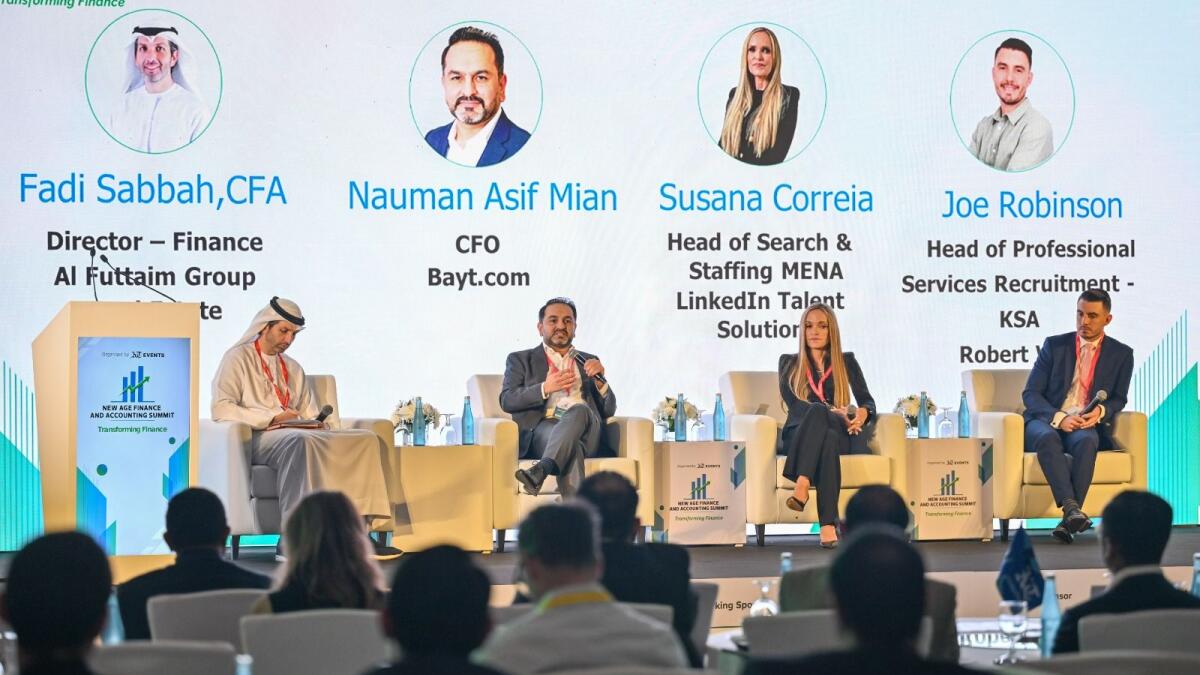 From left: Moderator Fadi Sabbah, CFA, Director of Finance at Al Futtaim Group Real Estate; Panelists Nauman Asif Mian, CFO at Bayt.com; Susana Correia, Head of Search &amp; Staffing MENA at LinkedIn Talent Solutions; and Joe Robinson, Head of Professional Services Recruitment-KSA at Robert Walters, during the Panel Discussion: Driving Transformational Excellence Through Upskilling Finance Functions at the New Age Finance and Accounting Summit 2024 organized by Khaleej Times, held at Kempinski Central Avenue, Dubai. Photo by Muhammad Sajjad