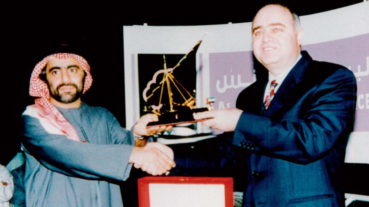 El Hayek receiving a plaque of appreciation on behalf of Al Bustan Centre and Residence for being the primary sponsor during the 1998 Nad Al Sheba Horse Race Competition in Dubai. — Supplied photos