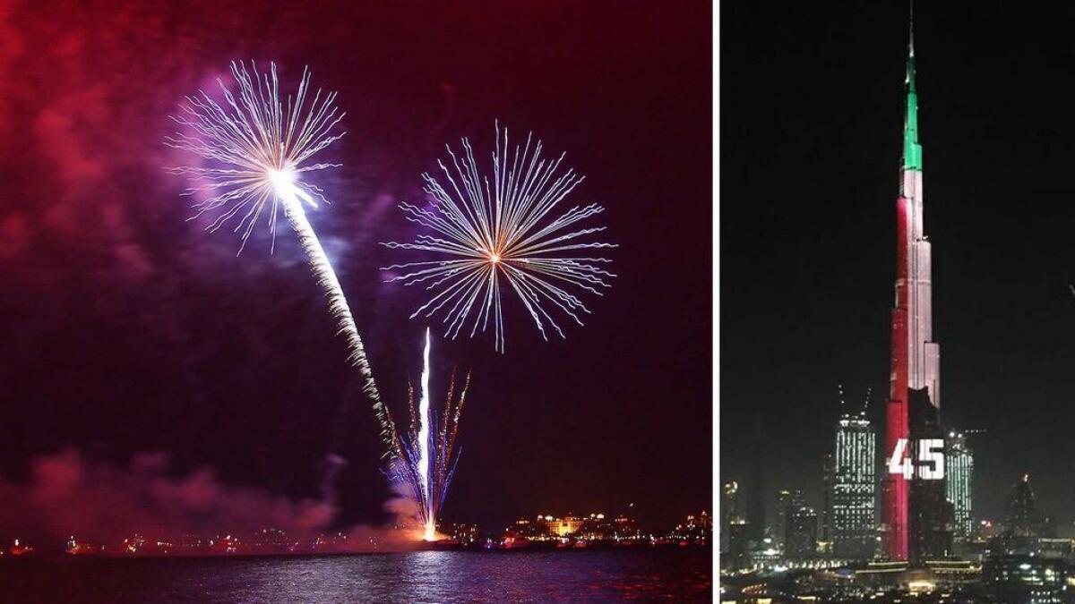 (Left) Fireworks at THE BEACH, opposite JBR  in Dubai on December 2, 2016. Photo by Juidin Bernarrd; (Right) Burj Khalifa lit up Photo by Meharban Singh Gadh